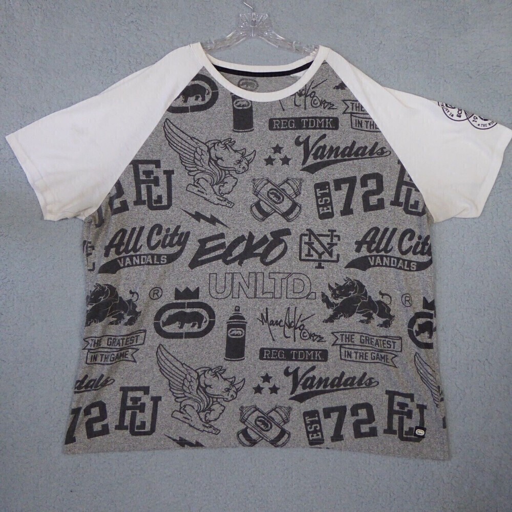Ecko Unltd Shirt Men's 4XL Gray White Short Sleeve Streetwear Casual AOP